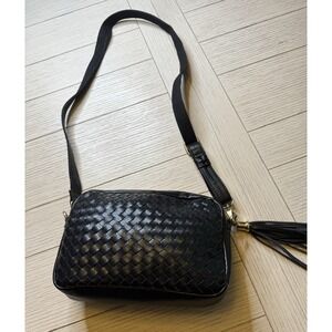 Ahdorned Vegan Leather Black Woven Crossbody Adjustable‎ Bag W/ Tassel And Zip